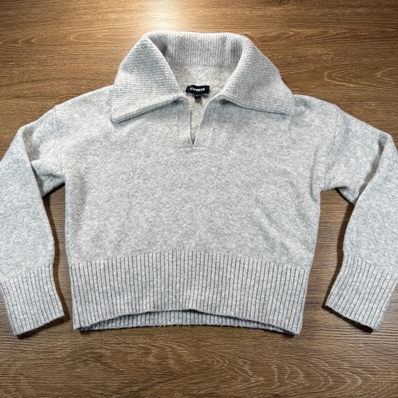 Express Women's M Gray Collared Pullover Sweater V-Neck Ribbed Hem Wool Blend - Picture 1 of 11